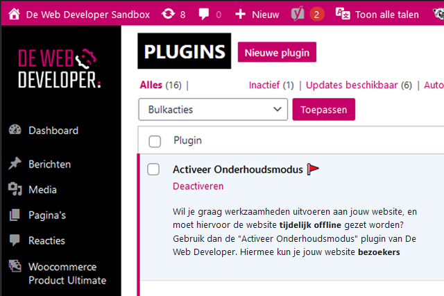 Screenshot van WordPress Dashboard en plugin